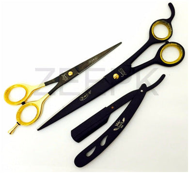Pro Barber 8”, 6” Hair Styling Shears Scissors, Razor Combo Set Black Matte freeshipping - Zeepkbeautysupply