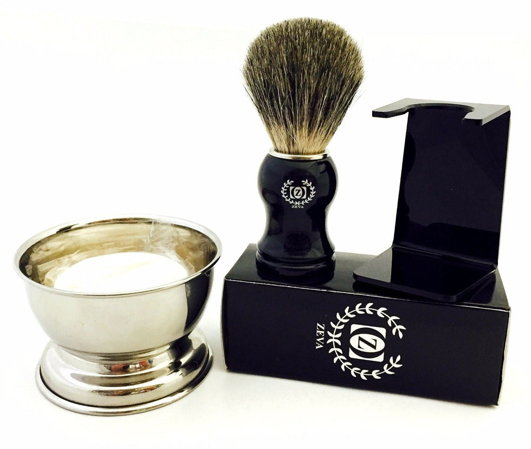 ZEVA Pure Badger Hair Shaving Brush, Dip Stand & Stainless Steel Shaving Cup freeshipping - Zeepkbeautysupply